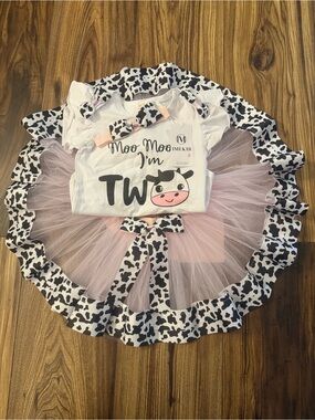 Pink Tulle Cow Print Two-Piece Outfit with Headband